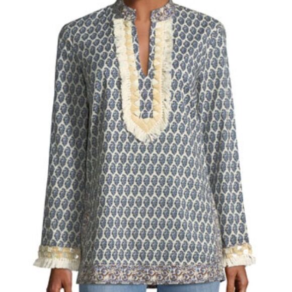 Tory Burch Long-Sleeve Paisley Tory Tunic W/ Fringed Trim - Picture 1 of 7